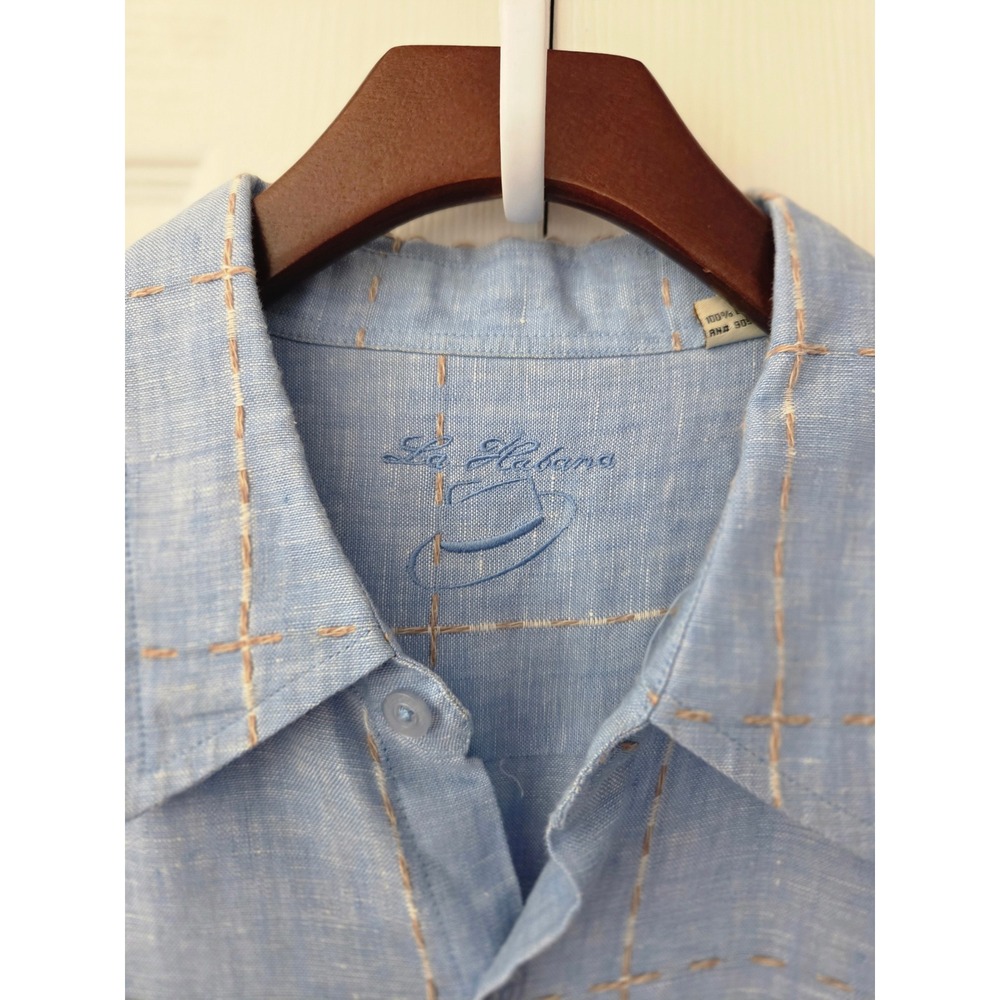 La Habana Linen Buttondown Shirt Short Sleeve‎ Mens XL Blue Grid Contrast Stitch - Picture 2 of 7